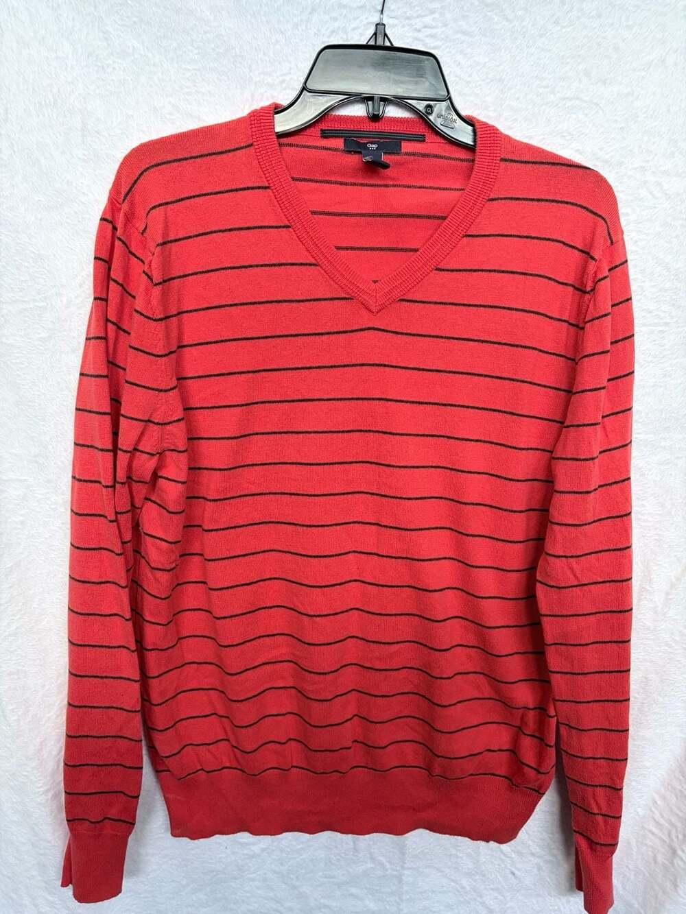 Gap V-Neck Sweater Size M Red Black Striped Long Sleeve Pullover